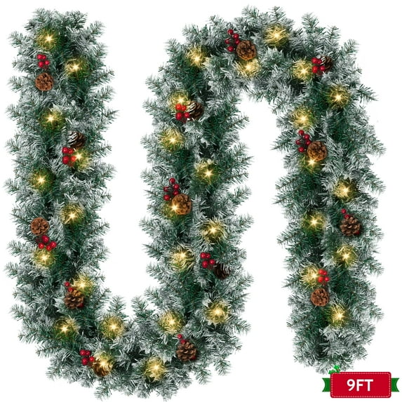 Yexmas 9ft Large Christmas Garland, Multi-Purpose Xmas Wreath with 45 LED Lights, Decorated with Pinecones, Berry Clusters, Battery Operated