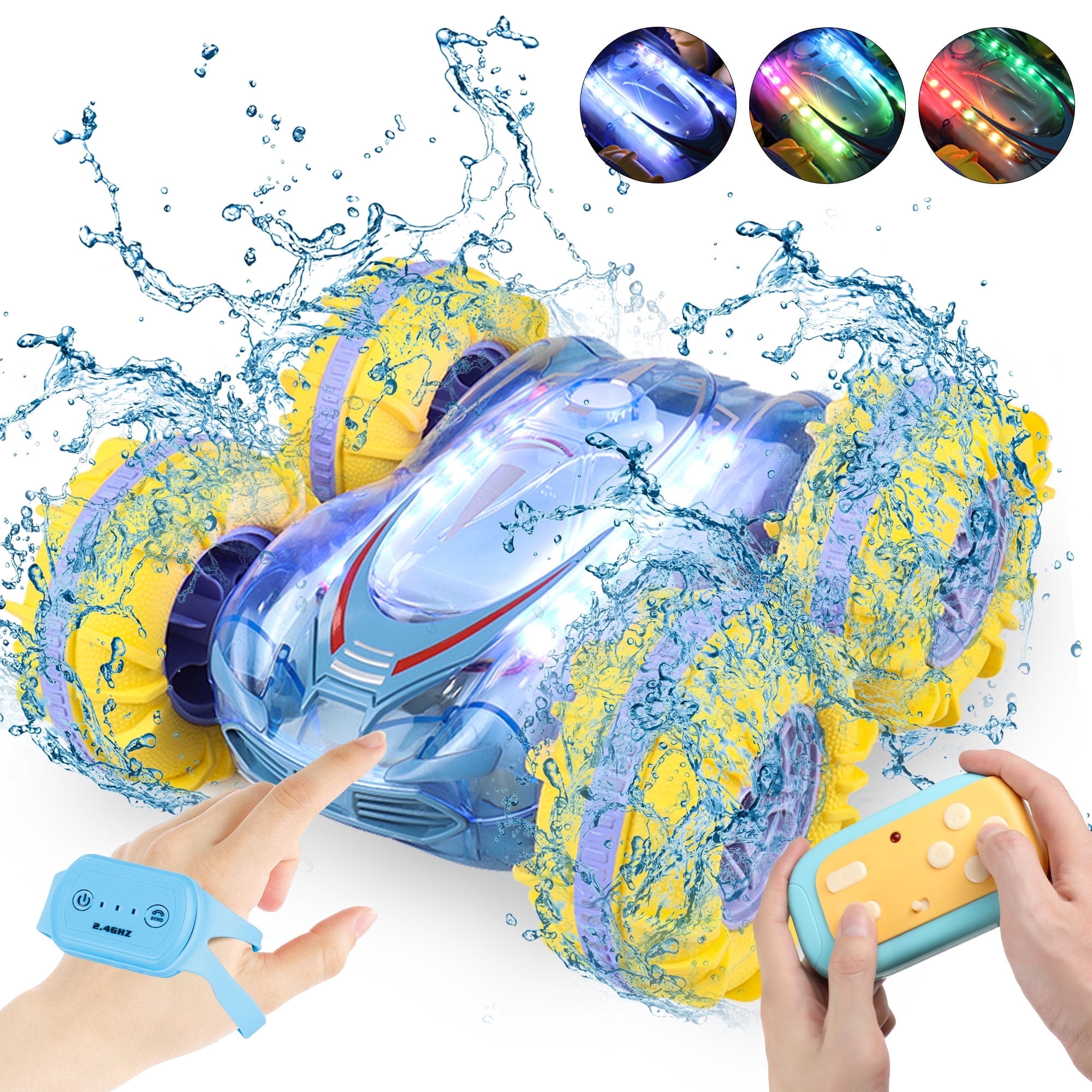 Yexmas Amphibious 4WD RC Stunt Car with LED Lights, 360° Flip, All-Terrain Monster Truck, Water Beach Pool Toys for Boys Girls