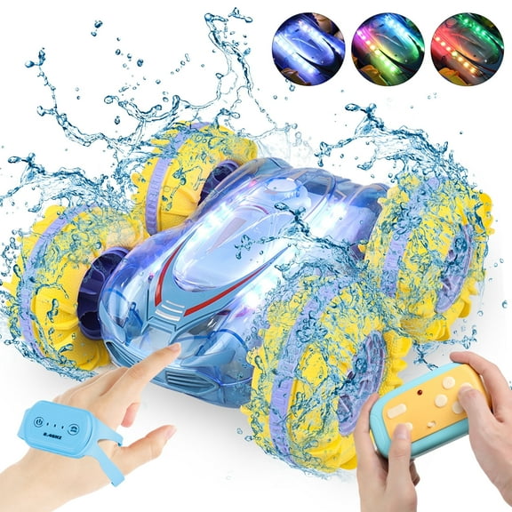 Yexmas Amphibious 4WD RC Stunt Car with LED Lights, 360° Flip, All-Terrain Monster Truck, Water Beach Pool Toys for Boys Girls