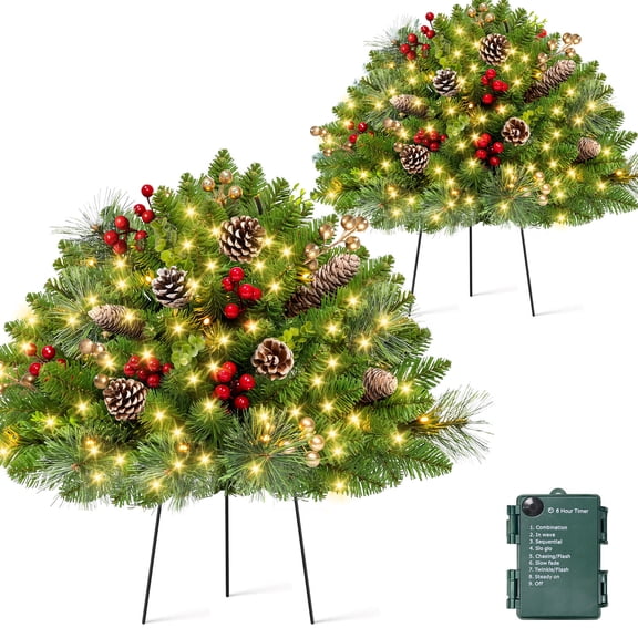 Yexmas 2PCS Pre-Lit Small Christmas Trees 24" Artificial Xmas Decora with 40 LED Lights, Red & Gold Berries, Snowy Pinecones and PE Greenery for Porch,Yard,Pathway,Garden
