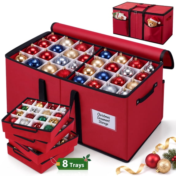 Yexmas Large Christmas Ornament Storage Box,Holiday Decoration Ornament Storage with Reinforced Handles & Extra Pockets,Red
