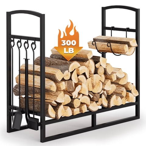 Yexmas Firewood Rack with 5-Piece Fireplace Tool Set & Kindling Holder – Indoor/Outdoor Wood Storage & Organizer for Fire Pit or Fireplace