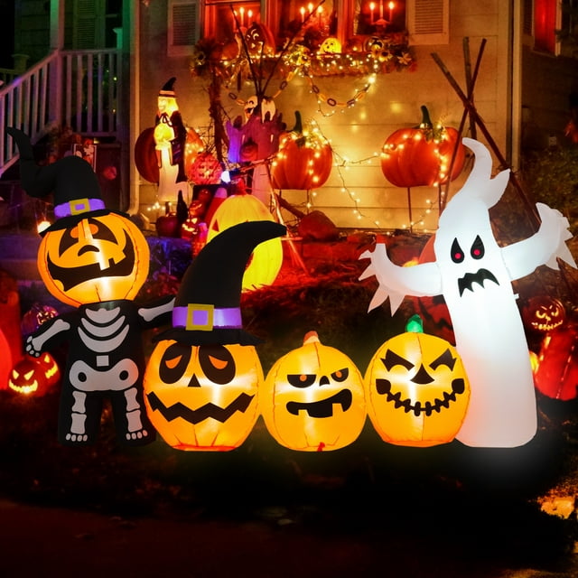 Yexmas Halloween Inflatables, 9 FT Long 4 Pumpkins with Cute White Ghost Outdoor Decorations, Built-in LEDs