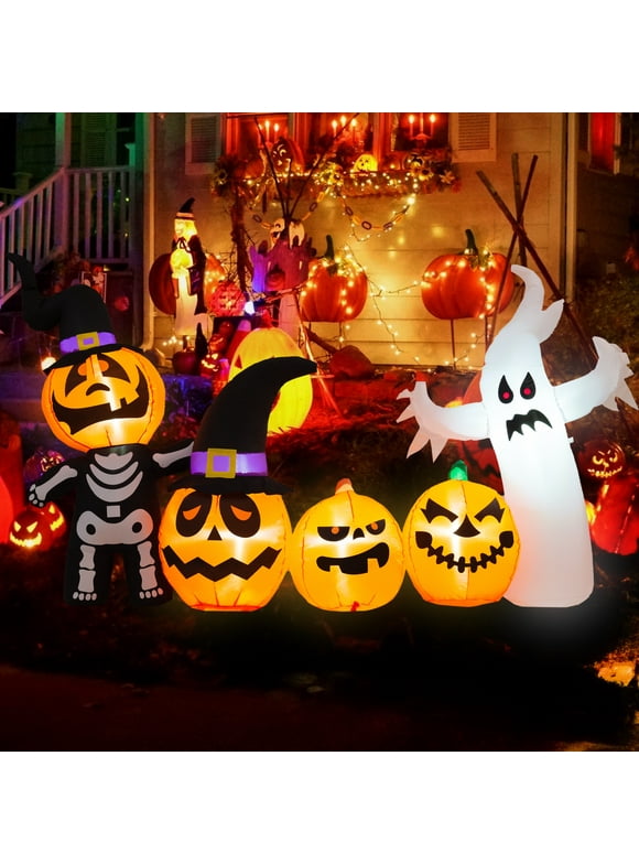 Yexmas Halloween Inflatables, 9 FT Long 4 Pumpkins with Cute White Ghost Outdoor Decorations, Built-in LEDs, Blow Up Party, Waterproof Yard, Garden, Lawn Decor