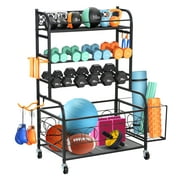 Yexmas  Home Gym Storage Rack，All-in-one Weight Rack for Dumbbells，Kettlebells，Yoga Mats，Foam Rollers，Resistance Bands，Workout Equipment Storage Organizer with Hooks and Basket，Black