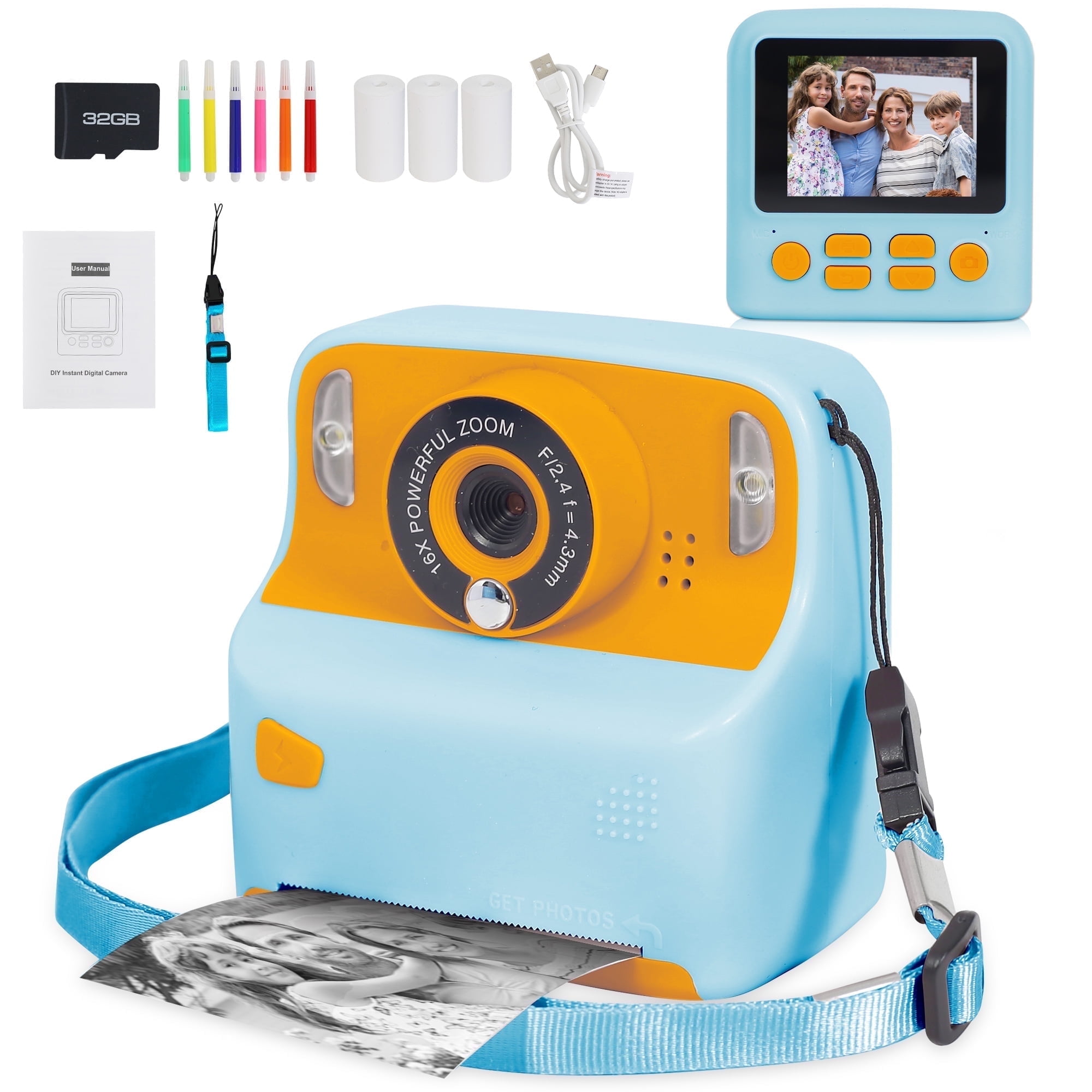 Yexmas Instant Print Digital Kids Camera 1080P Rechargeable HD Digital Toy Cameras Gift with 32G SD Card for Age 3-12, Blue