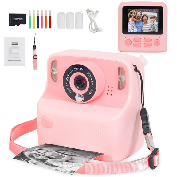 Yexmas Instant Print Digital Kids Camera 1080P Rechargeable HD Digital Toy Cameras Gift with 32G SD Card for Age 3-12, Pink