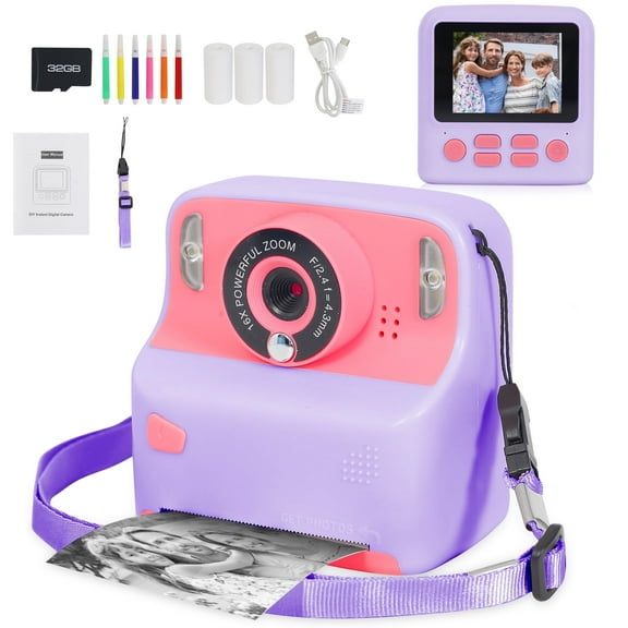 Yexmas Instant Print Digital Kids Camera 1080P Rechargeable HD Digital Toy Cameras Gift with 32G SD Card for Age 3-12, Purple