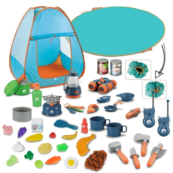 Lookfly Kids Camping Set with Tent 46pcs - Outdoor Campfire Toy Set for Toddlers Kids Boys Girls - Pretend Play Camp Gear Tools