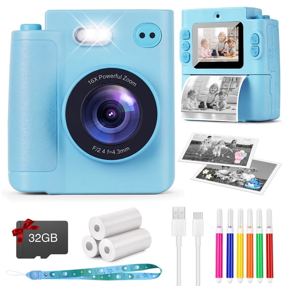 Yexmas Kids Camera Instant Print,Dual-Lens Digital Toys Cameras Gifts with 1080P HD Video&32GB Card for Girls Boys,Blue