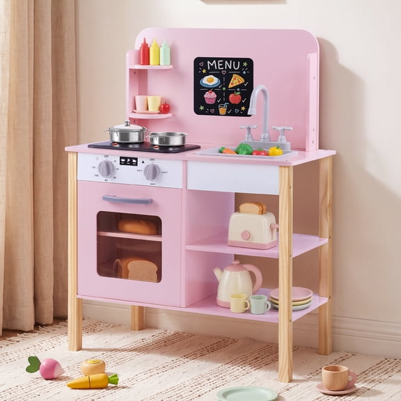Yexmas Kids Play Kitchen,Wooden Pretend Kitchen Play Set for Toddlers with Chalkboard,Stove&Cookware Accessories,Toddler Toy Kitchen Gift for Boys Girls, Pink
