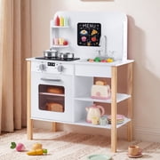 Yexmas Kids Play Kitchen,Wooden Pretend Kitchen Play Set for Toddlers with Chalkboard,Stove&Cookware Accessories,Toddler Toy Kitchen Gift for Boys Girls, White
