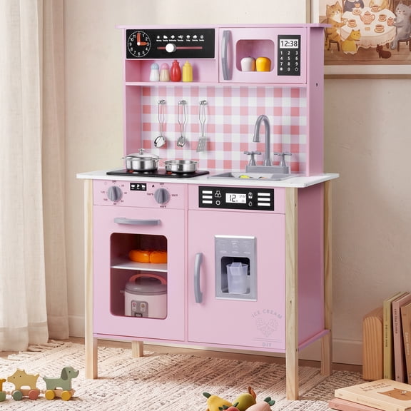 Yexmas Kids Play Kitchen,Wooden Pretend Play Kitchen Set with Stove, Ice Maker&Microwave, Toddler Toy Kitchen Gift for Boys Girls, Pink