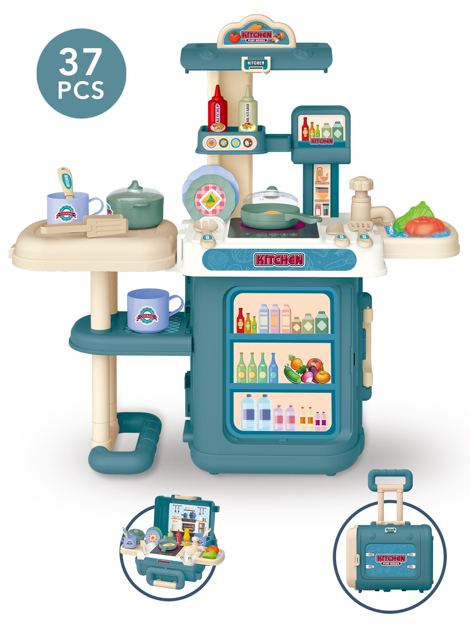 Yexmas Kitchen Playset,3 in 1 Kitchen Pretend Play Toys Travel Suitcase,37 PCS Realistic Cooking