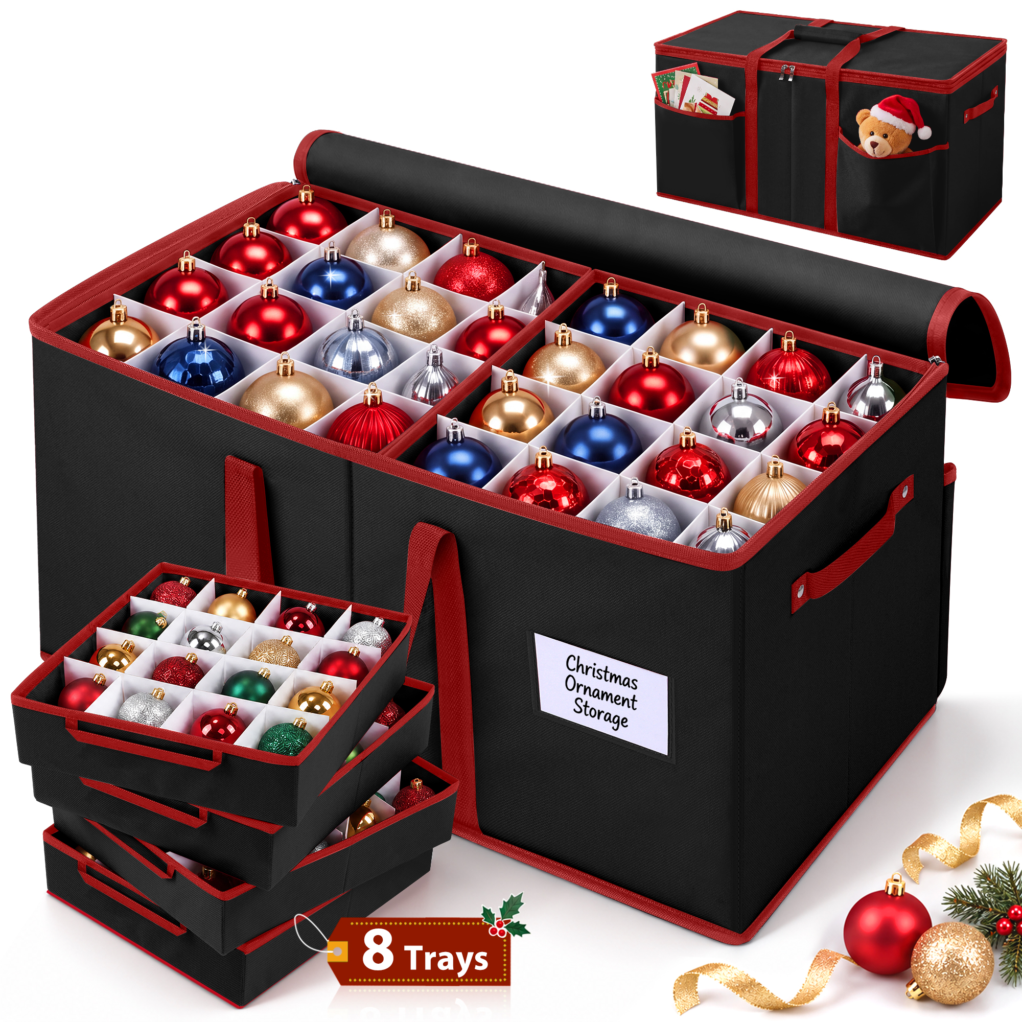 Yexmas Large Christmas Ornament Storage Box,Holiday Decoration Ornament Storage with Reinforced Handles & Extra Pockets,Black