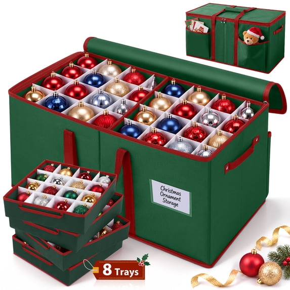 Yexmas Large Christmas Ornament Storage Box,Holiday Decoration Ornament Storage with Reinforced Handles & Extra Pockets,Green