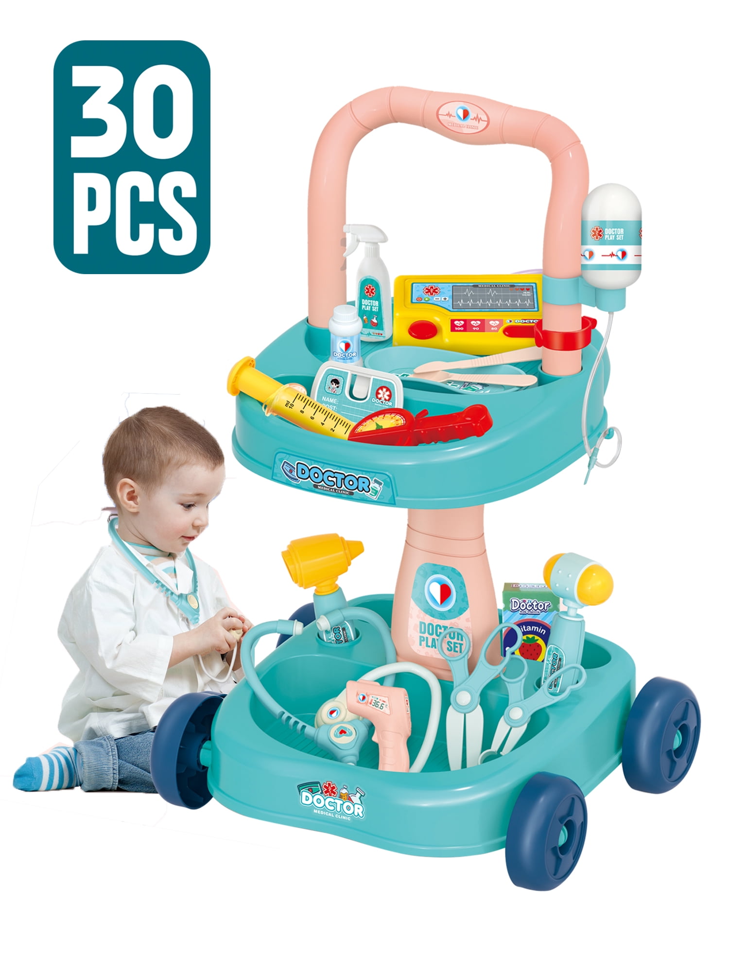 Yexmas 30-Piece Medical Play Set with Mobile Cart, Doctor Toys for Toddlers, Ages 2-5 years