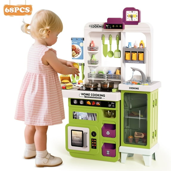 Lookfly Play Kitchens,68PCS Kids Kitchen Playset with Realistic Lights&Sounds,Toddler Kitchen Toy Gift for Boys and Grlis,Green 32.3"H