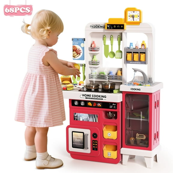 Lookfly Play Kitchens,68PCS Kids Kitchen Playset with Realistic Lights&Sounds,Toddler Kitchen Toy Gift for Boys and Grlis,Pink 32.3"H