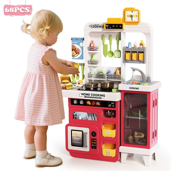 Lookfly Play Kitchens,68PCS Kids Kitchen Playset with Realistic Lights&Sounds,Toddler Kitchen Toy Gift for Boys and Grlis,Pink 32.3"H