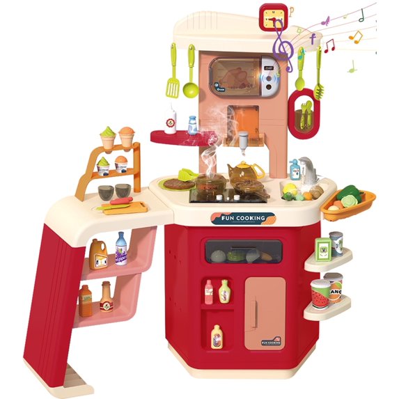 YexmasPlay Kitchen Set for Kids, 34.64 Inch Pretend Food Kitchen Toys for Toddlers, Kitchen Playset with Sound, Light, Spray Simulation, Kitchen Accessories Gift for Girls Boys Age 2 3 4 5 6 7, Pink