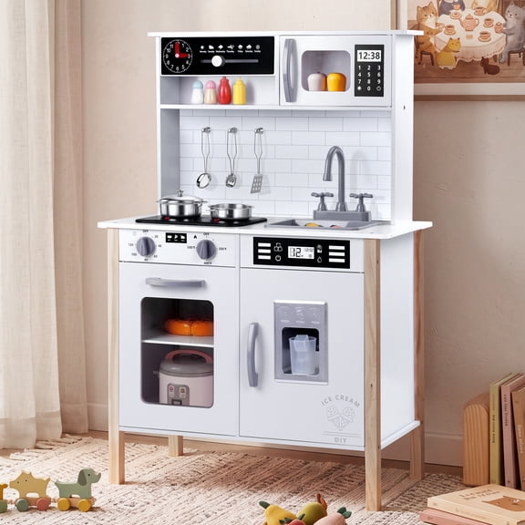 Yexmas Kids Play Kitchen,Wooden Pretend Play Kitchen Set with Stove, Ice Maker&Microwave, Toddler Toy Kitchen Gift for Boys Girls, White