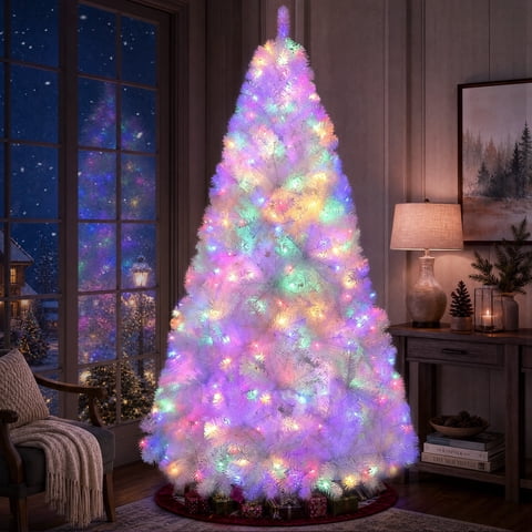 Yexmas Pre-Lit Artificial Christmas Tree,7.5ft White Christmas Tree with 450 Warm White & Multicolor Lights,Xmas Tree for Home, Holiday Party Decorations