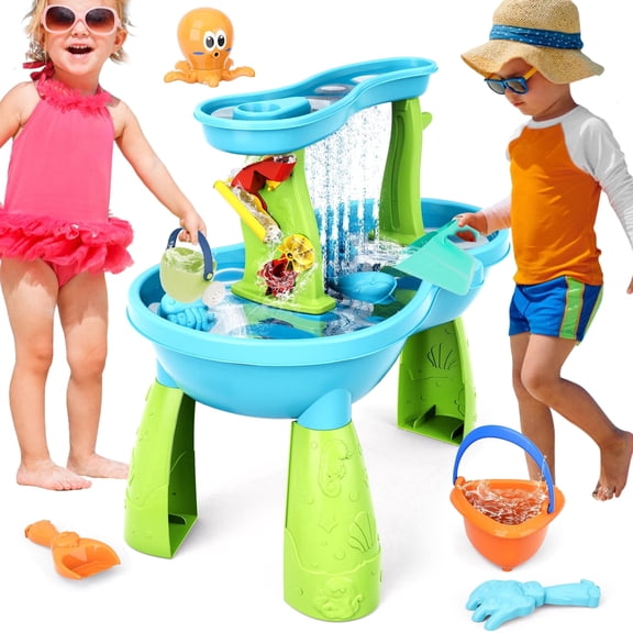 Yexmas Sand Water Table Toys for Toddlers,2-Tier Rain Pond Activity Sensory Play Table Beach Summer Outdoor Toys for Kids Boy Girls