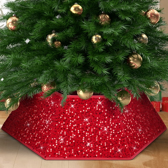 Yexmas Sequin Christmas Tree Collar, Xmas Tree Stand Base Cover, Foldable Christmas Tree Ring Decoration for Xmas Holiday Party