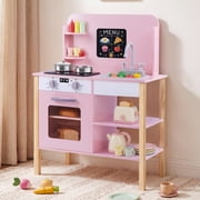 Yexmas Kids Play Kitchen,Wooden Pretend Kitchen Play Set for Toddlers with Chalkboard,Stove&Cookware Accessories,Toddler Toy Kitchen Gift for Boys Girls, Pink