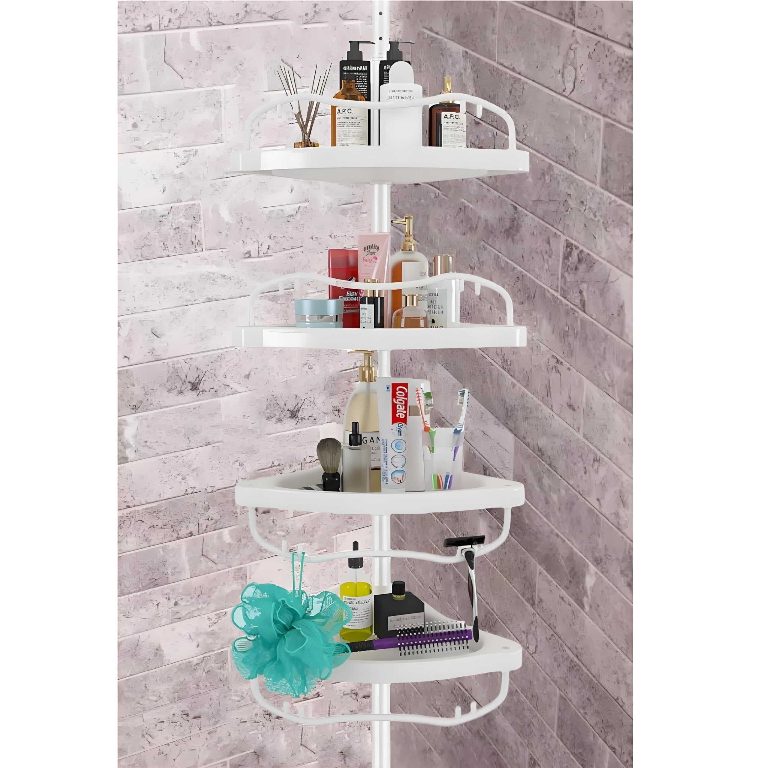 Shower Caddy Corner, Rustproof ABS Shower Organizer Corner with 32-125 inch Steel Poles, No Drill Shower Shelf, Corner Shower Caddy Tension 4 Shelves, White
