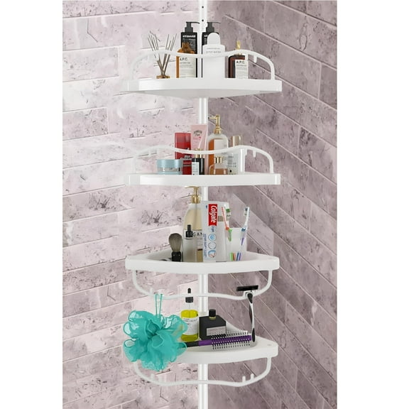 Shower Caddy Corner, Rustproof ABS Shower Organizer Corner with 32-125 inch Steel Poles, No Drill Shower Shelf, Corner Shower Caddy Tension 4 Shelves, White