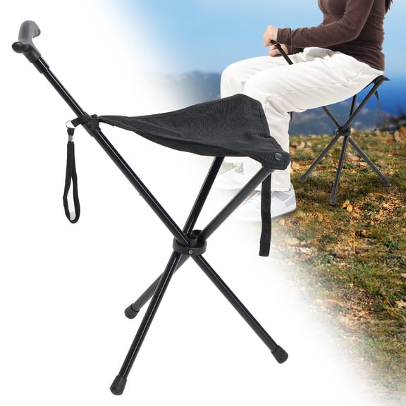 Yeyebest Cane with Seat, Foldable Walking Stick with Chair, Heavy Duty Lightweight Stool Supports 330lbs for Hiking, Adults, Seniors, Black