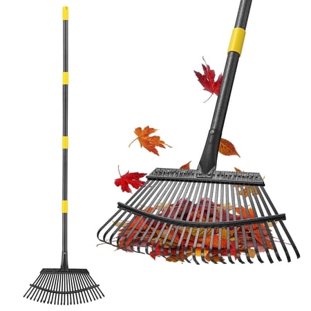 Large Rake for Leaves, 60 inch Adjustable Handle 25-Tines Metal Collapsible Rake for Gardening, Outside, Yard