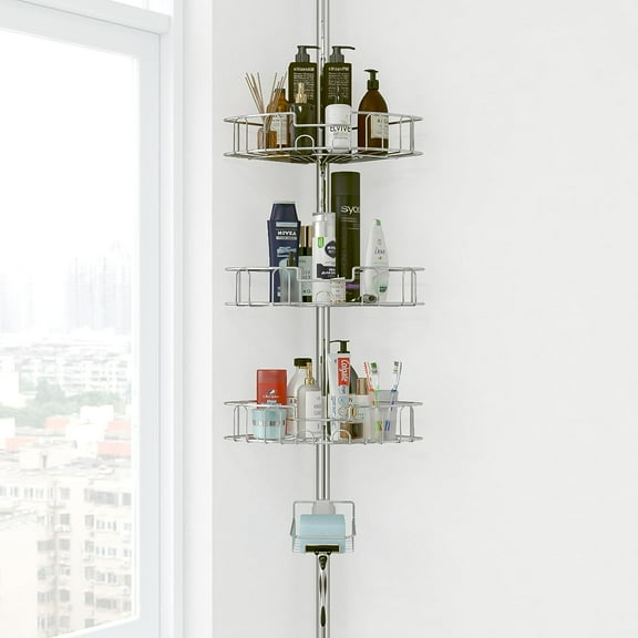 Yeyebest Rust Resistant 4-Shelf Stainless Steel Plastic Tension Pole Bathroom Corner Shower Caddy, Silver