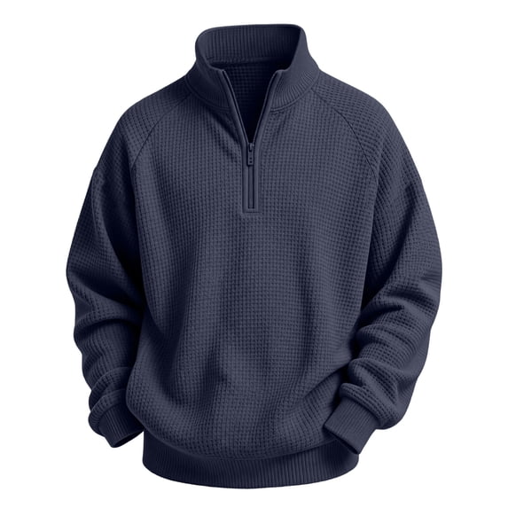 Yfalhf Boys Waffle Zip Up Collared Sweatshirt Long Sleeve Loose Fit Color Casual Pullover Tops ,Teen Boy Fall Winter Clothes,Back to School Outfits Navy 140