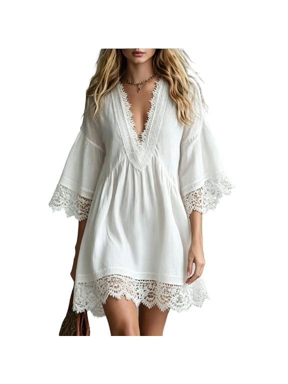 Women Boho Lace V‑Neck 3/4 Bell Sleeve Short Mini Dress, Loose Crochet Lace Trim Beach Cover‑Up Dress for Summer Vacation,White,M