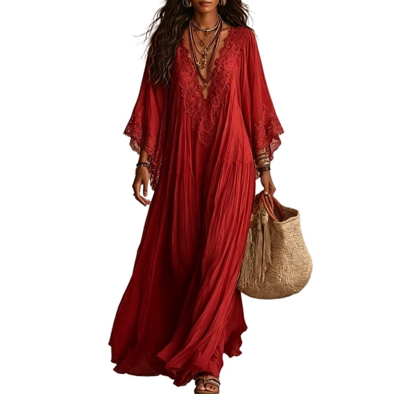 Yfalhf Women Boho Lace V‑Neck Batwing Sleeve Maxi Dress, Flow‑y Oversized Beach Vacation Dress, Photo‑Ready Long Dress for Summer Holiday Getaways,Red,L