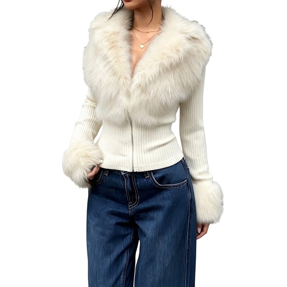 Yfalhf Women's Faux Fur Fuzzy Coats Zip Up Jacket Slim Fit Winter Outwear | Winter Fluffy Warm Coat,Lapel Collar,Casual Sexy Y2K Style,Fall Going Out Outfits,Daily wear,White,XS