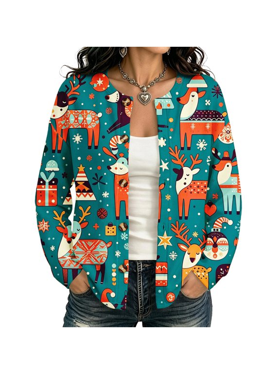 Women’s Open‑Front Christmas Print Cardigan, Long Sleeve Button Down Loose Jacket, Vintage Folk Reindeer Snowflake Outerwear for Holiday Party & Fall Winter Daily Wear,Green,5XL