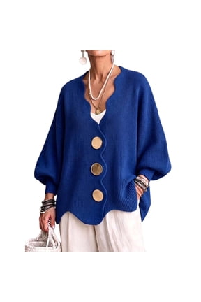 Women's Wavy Scallop V-Neck Knit Cardigan, Oversized Balloon Sleeve Sweater with Large Decor Buttons & Irregular Hem Loose Knit Outerwear for Fall Winter,Blue,2XL