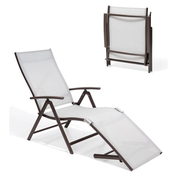 YfulYde Aluminum Patio Chaise Lounge Chair, Adjustable Chair for Outside with 8 Backrest Positions, Brown Frame, Folding Outdoor Recliners All Weather for Beach, Pool and Yard, Light Grey