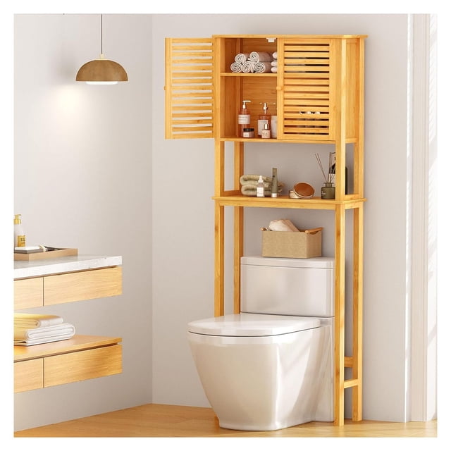 YfulYde Bamboo Over The Toilet Storage Cabinet,Tall Narrow Double Door ...