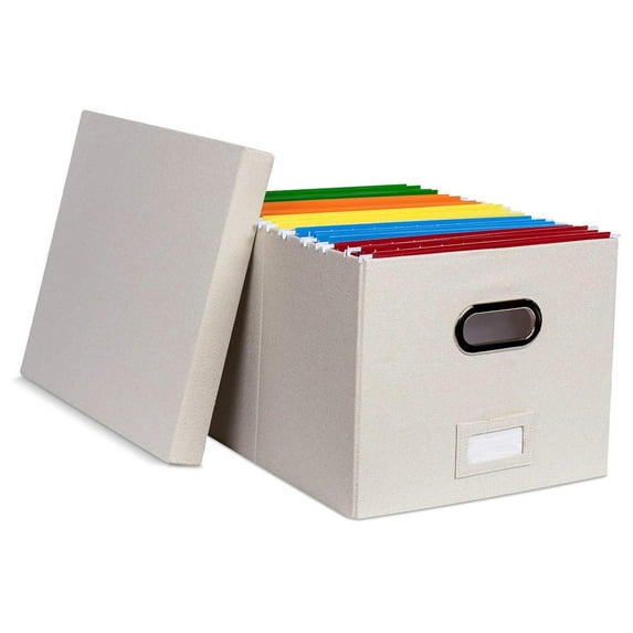 YfulYde Collapsible File Storage Organizer Box with Lid - Decorative Linen Hanging Filing & Storage Office Box - Letter/Legal - Strong Durable - Toys Blankets Binders - Cream - 1 Pack
