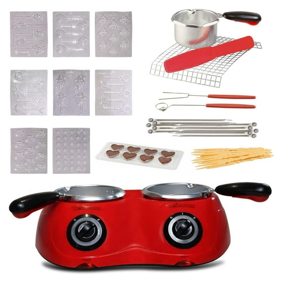 YfulYde Deluxe Chocolatiere Dual Electric chocolate Melter with 100+ Piece Accessory Kit for Chocolate and Candy Melts17.6 oz (500 g) Fondue Pot Set DIY Candy Maker for Dessert Special Occasion Red