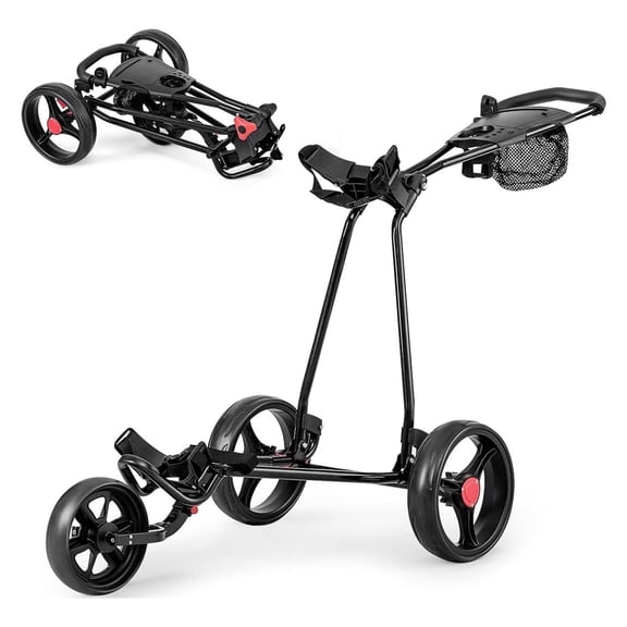 YfulYde Folding Golf Push Cart, 3 Wheel Adjustable Golf Pull Trolley with Cup Holder, Umbrella Holder, Rare Wheel Foot Brake Pocket Storage & Scoreboard, Lightweight Caddy Cart for Men Women Kids Club