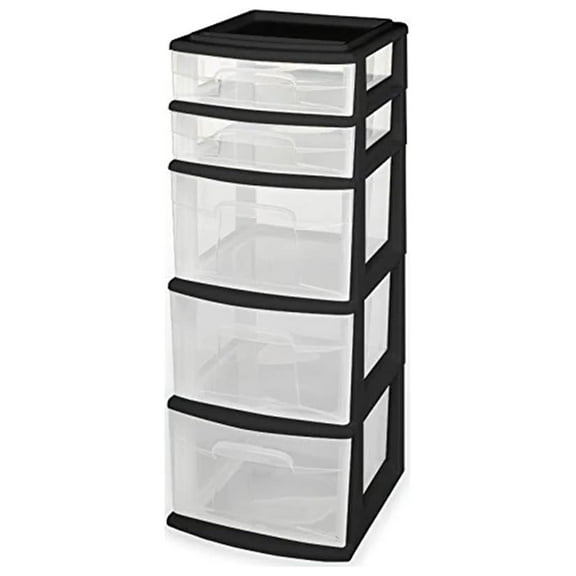 YfulYde Plastic 5 Clear Drawer Medium Home Organization Storage Container Tower with 3 Large Drawers and 2 Small Drawers, Black Frame
