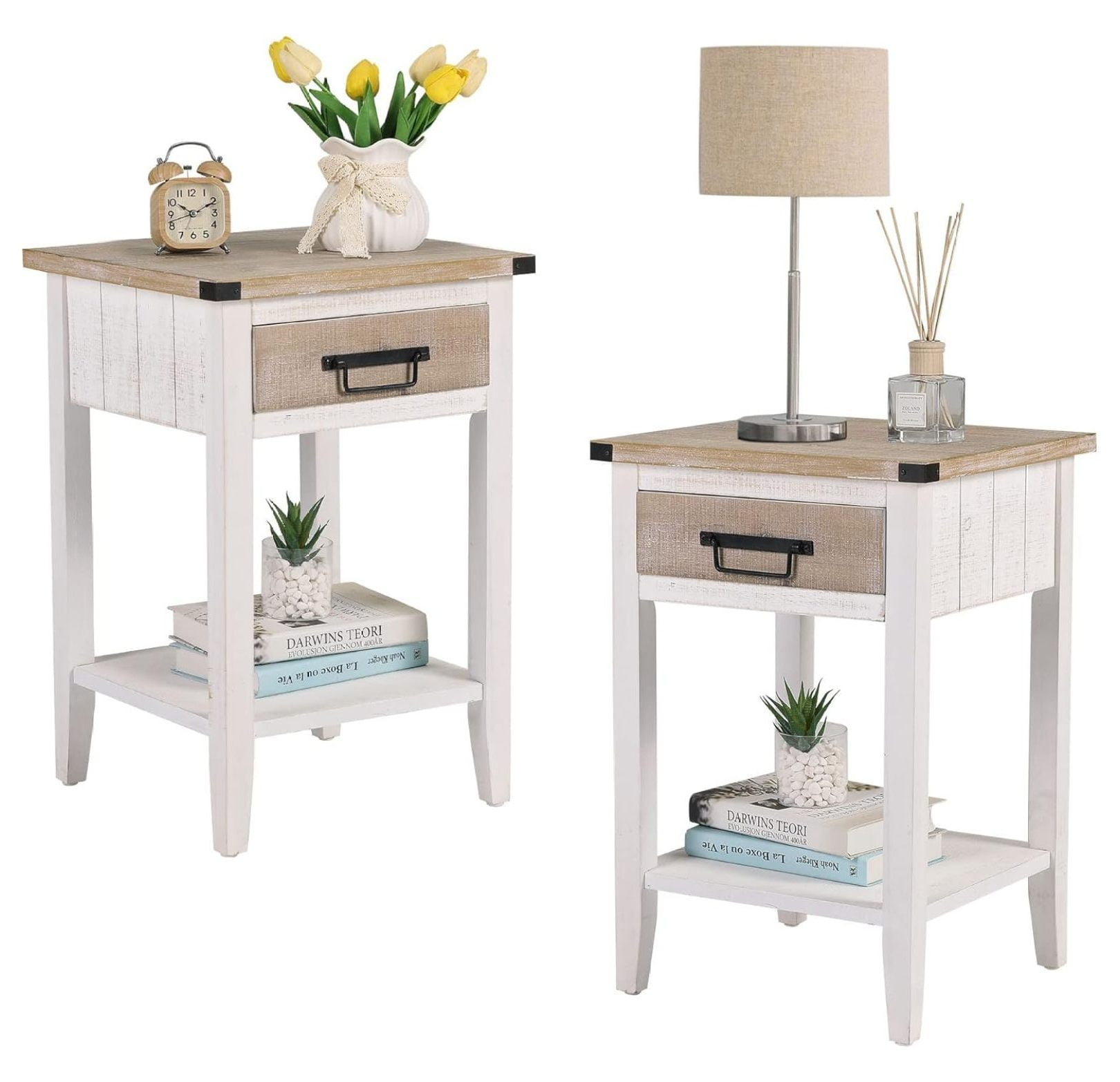 YgIRTID Farmhouse Bedside Table Set of 2, Rustic Nightstand with ...