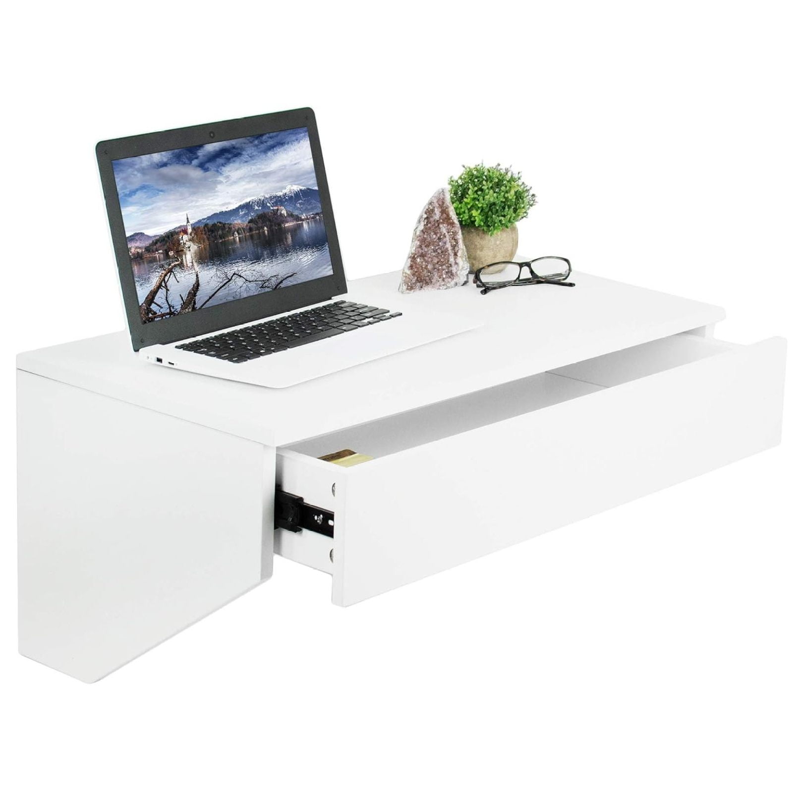 Elegant White Wall Mounted Desk with Drawer and USB Port