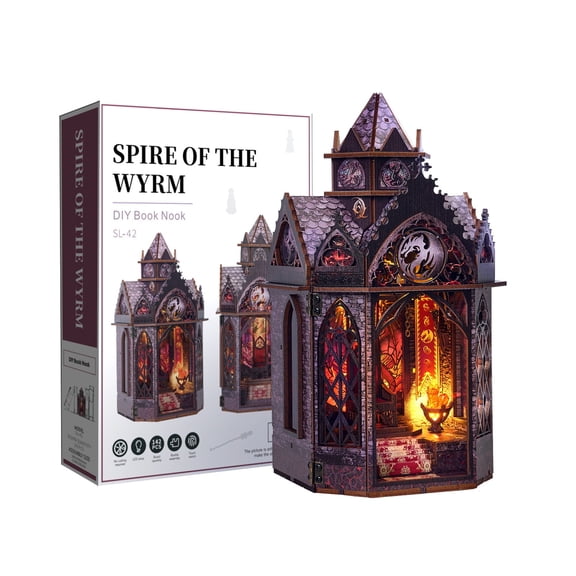 Ygarkreit Fantasy Dragon Gothic Castle DIY Book Nook Kit with LED Lights & Openable Doors, 3D Wooden Puzzle for Adults, DarkFantasy Diorama Model Building Kit, Miniature House Wood Craft Kit for Tab